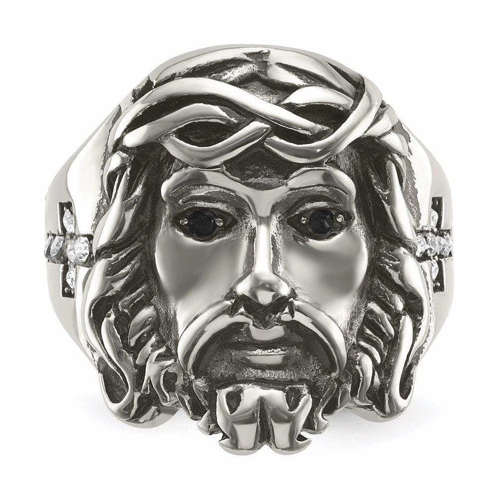 Stainless Steel Antiqued and Polished w/Black & White Crystal Jesus Ring