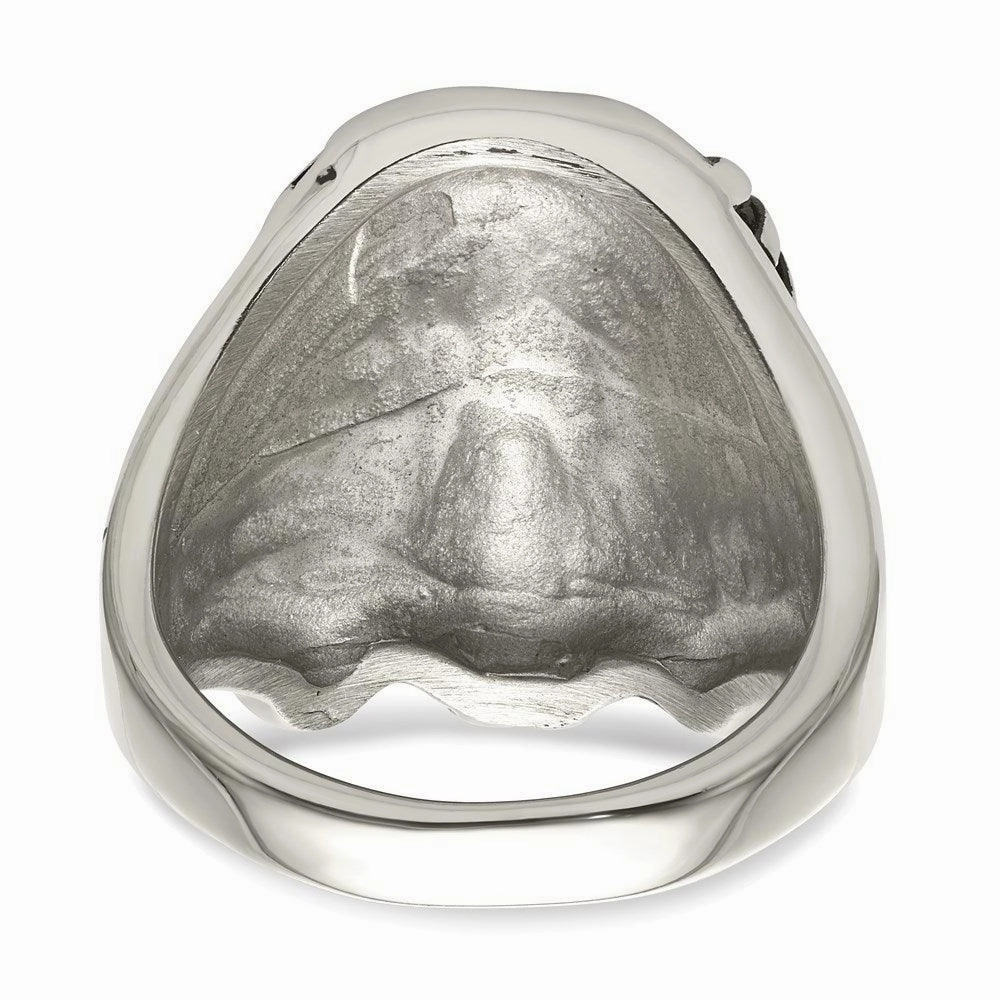 Stainless Steel Antiqued and Polished w/Black & White Crystal Jesus Ring