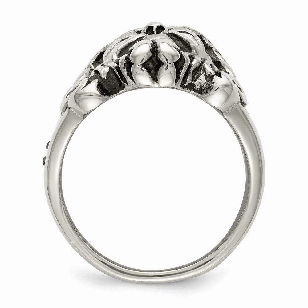 Stainless Steel Antiqued and Polished w/Black & White Crystal Jesus Ring