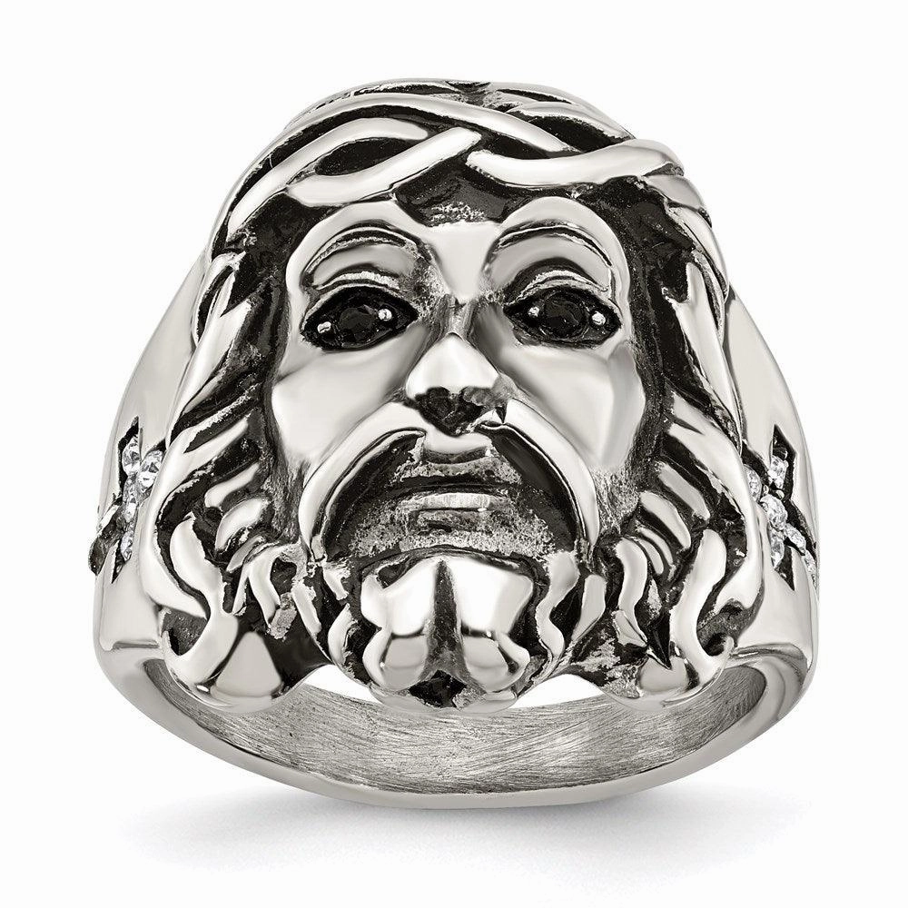 Stainless Steel Antiqued and Polished w/Black & White Crystal Jesus Ring