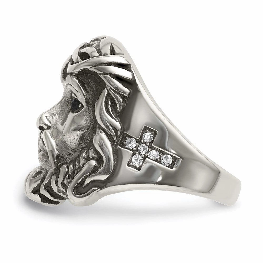 Stainless Steel Antiqued and Polished w/Black & White Crystal Jesus Ring