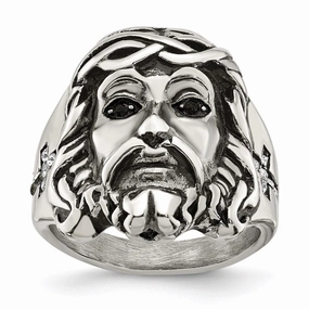 Stainless Steel Antiqued and Polished w/Black & White Crystal Jesus Ring