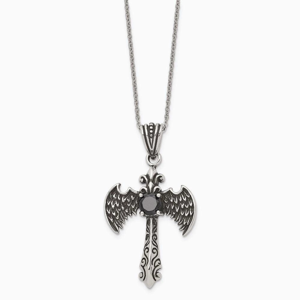 Stainless Steel Antiqued and Polished w/ Black CZ Cross Necklace