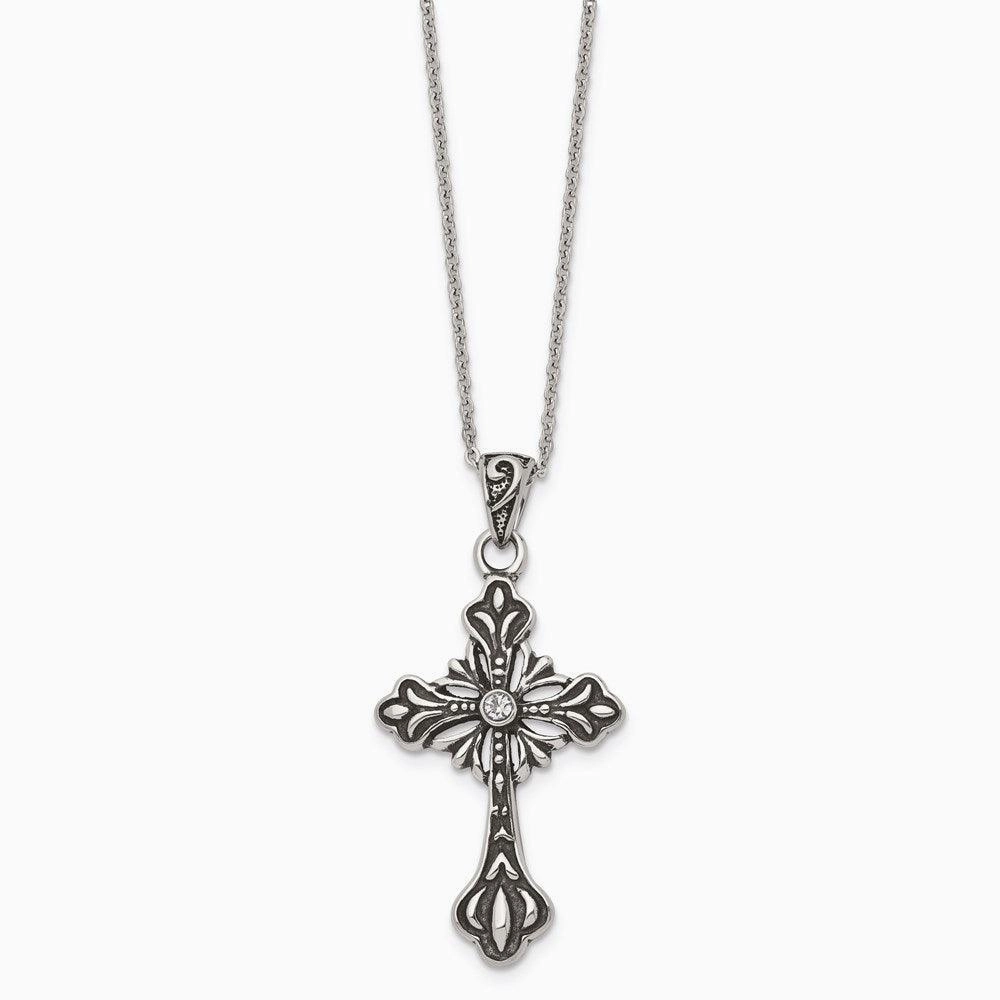 Stainless Steel Antiqued and Polished w/Crystal Cross Necklace