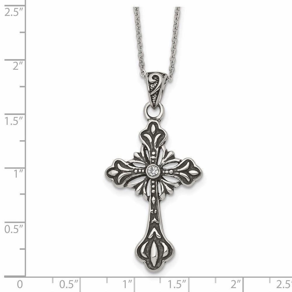 Stainless Steel Antiqued and Polished w/Crystal Cross Necklace