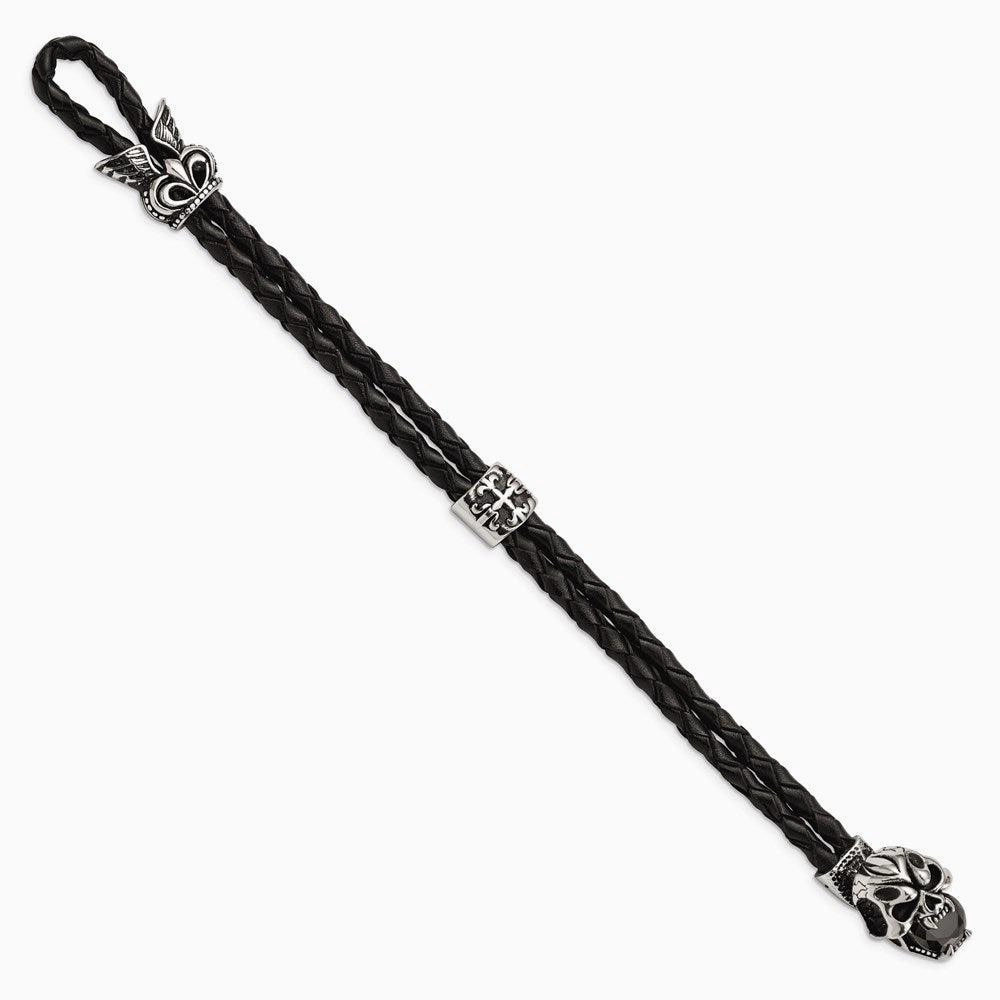 Stainless Steel Antiqued and Polished w/ Glass Leather Bracelet