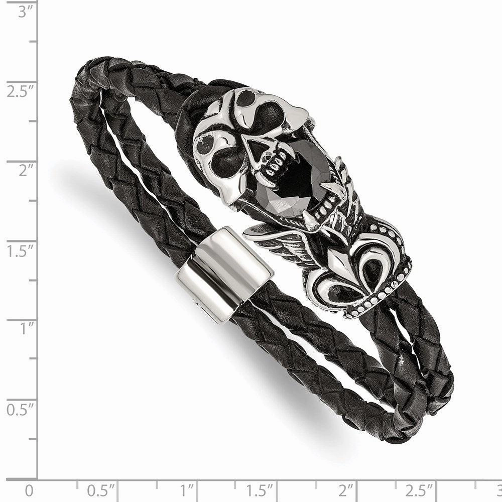 Stainless Steel Antiqued and Polished w/ Glass Leather Bracelet