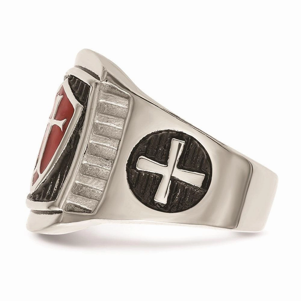 Stainless Steel Antiqued and Polished w/Red Enamel Cross/Shield Ring