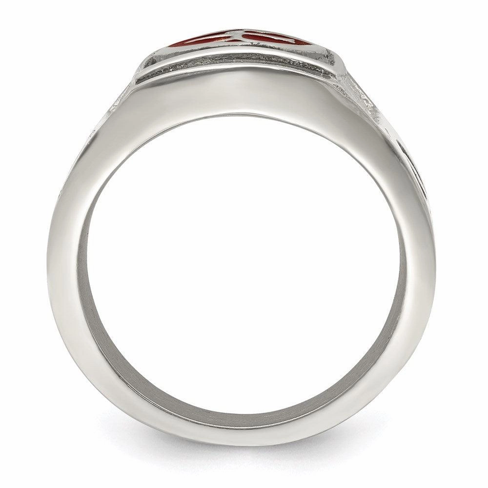 Stainless Steel Antiqued and Polished w/Red Enamel Cross/Shield Ring
