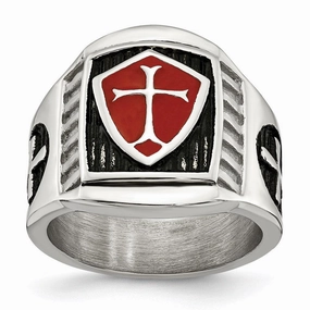 Stainless Steel Antiqued and Polished w/Red Enamel Cross/Shield Ring