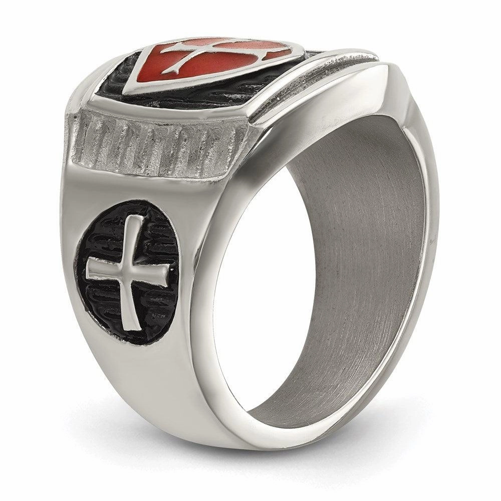 Stainless Steel Antiqued and Polished w/Red Enamel Cross/Shield Ring
