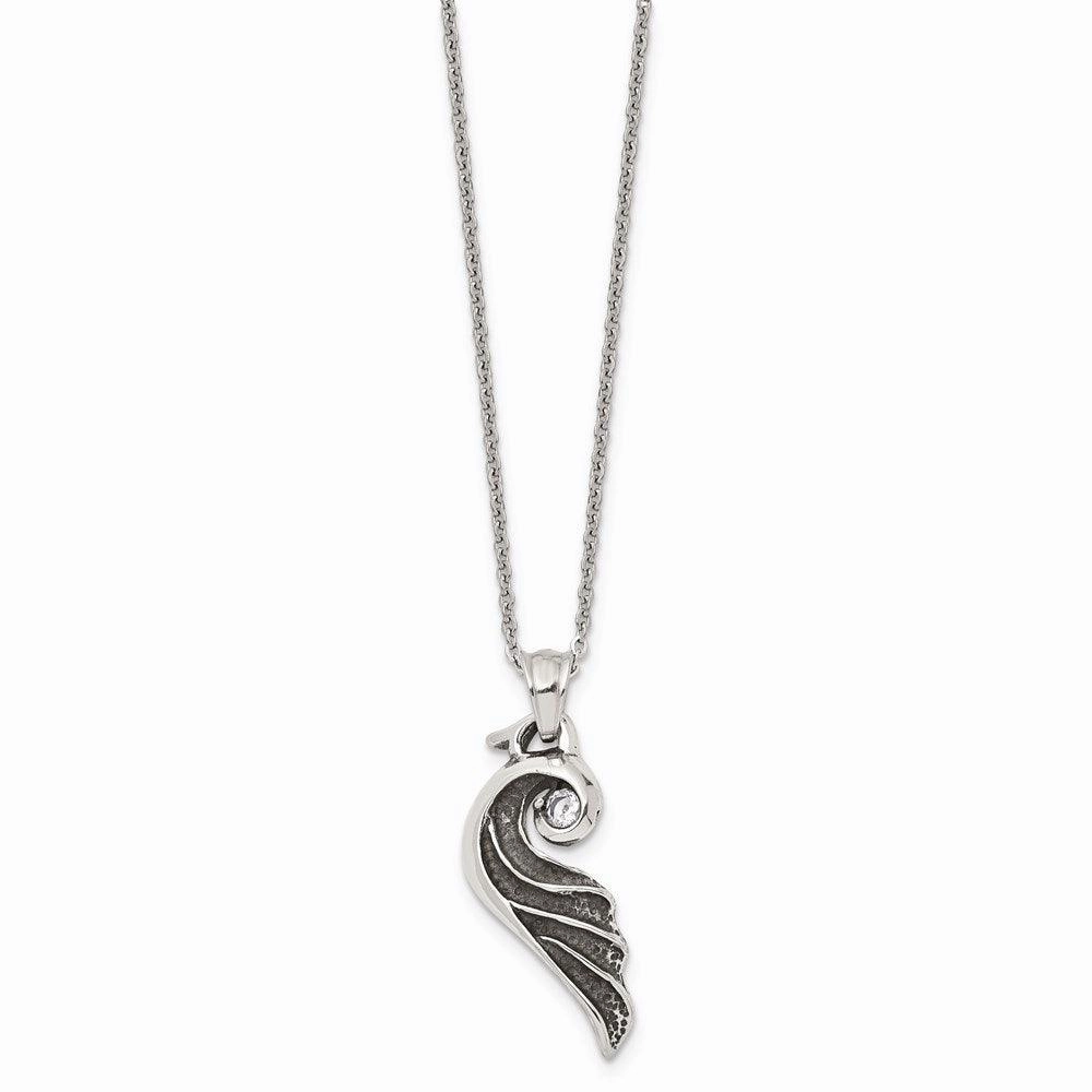 Stainless Steel Antiqued and Polished with Crystal Wing 18 in. Necklace
