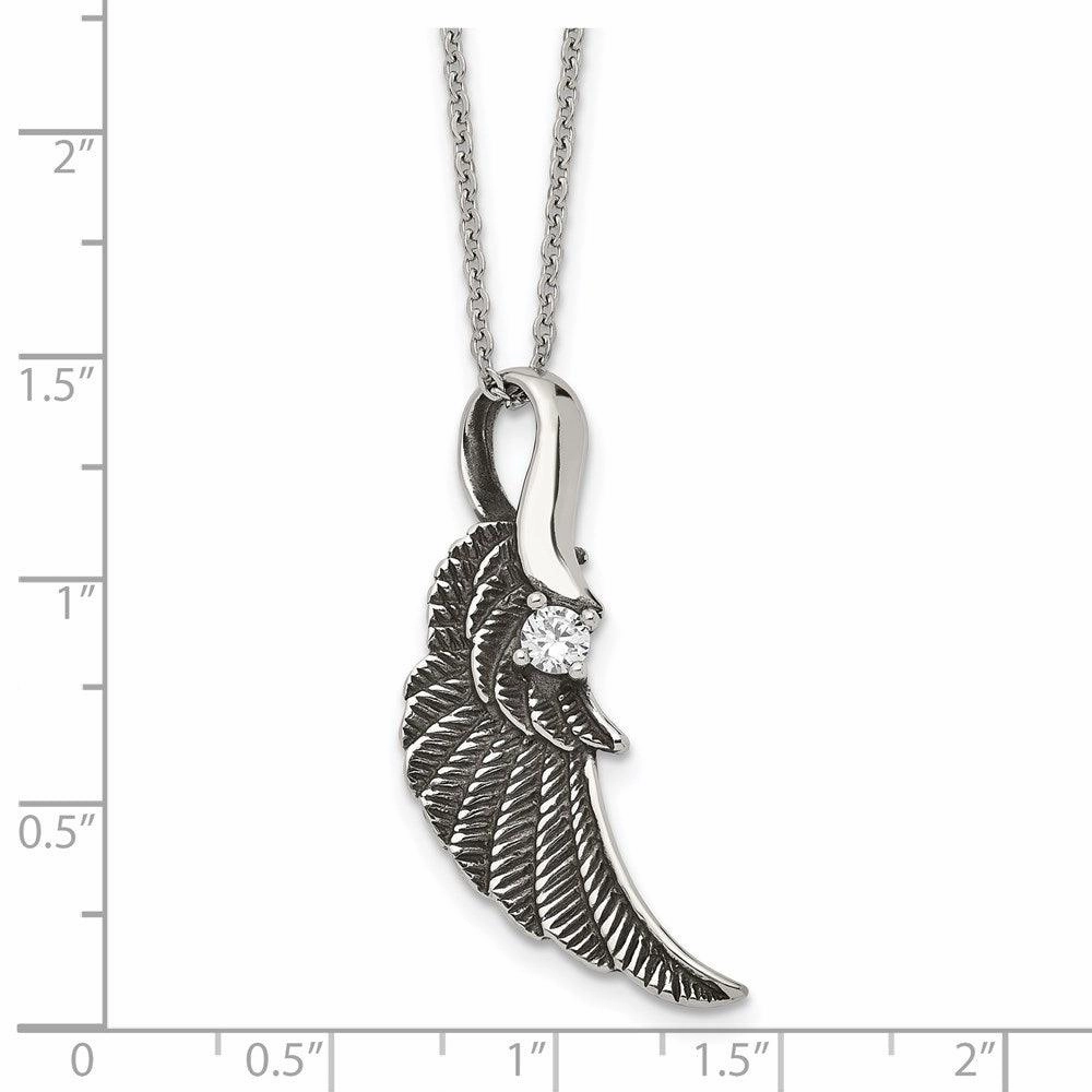 Stainless Steel Antiqued and Polished with Crystal Wing Necklace