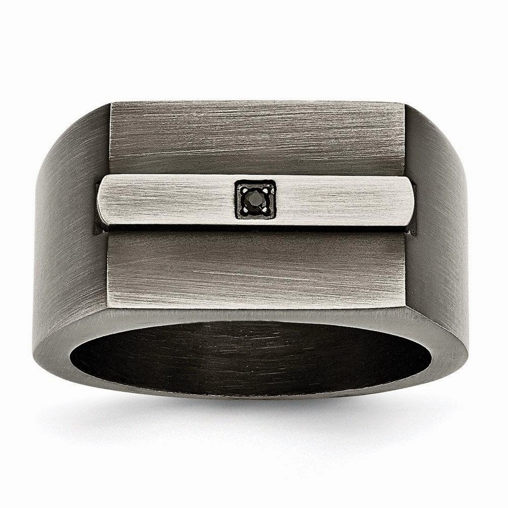 Stainless Steel Antiqued Brushed w/Black CZ Ring