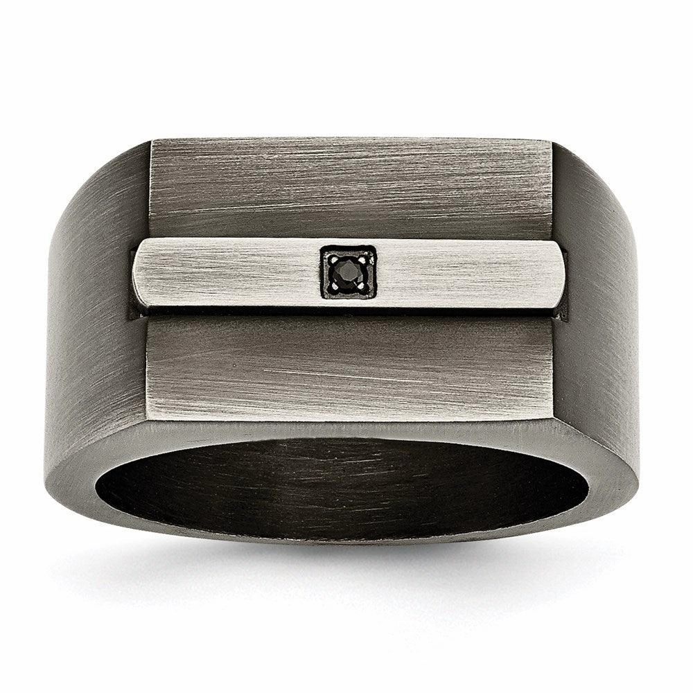 Stainless Steel Antiqued Brushed w/Black CZ Ring