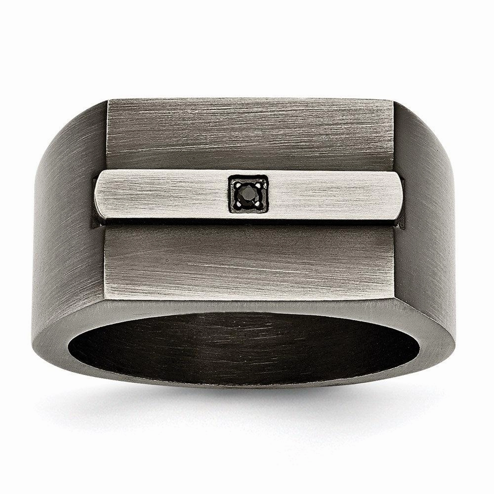 Stainless Steel Antiqued Brushed w/Black CZ Ring