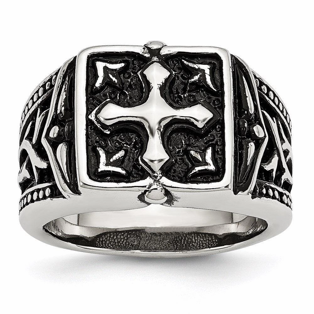Stainless Steel Antiqued Cross Ring