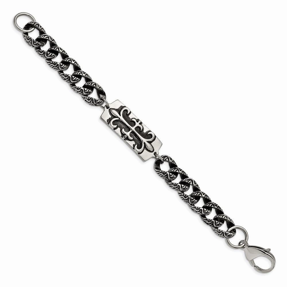 Stainless Steel Antiqued Fleur de Lis 9in Bracelet