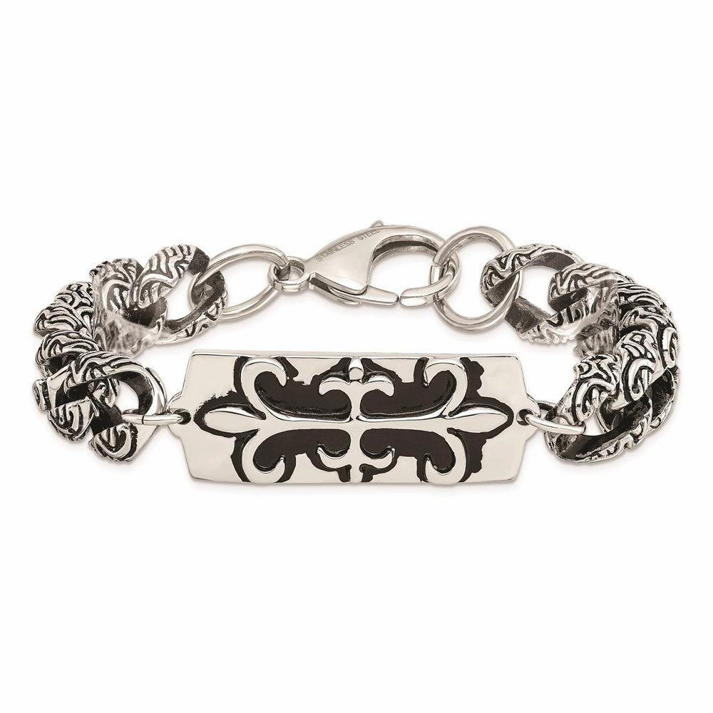 Stainless Steel Antiqued Fleur de Lis 9in Bracelet
