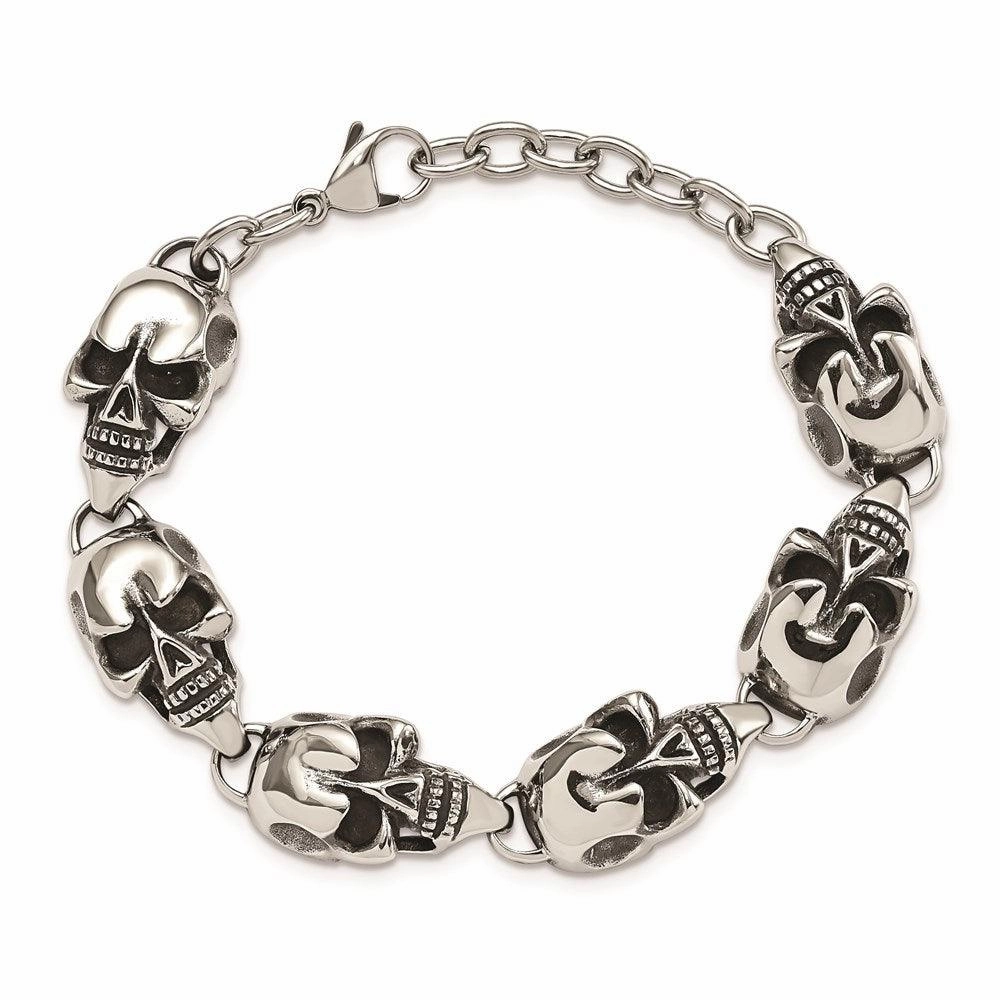 Stainless Steel Antiqued Skulls 8.5in Bracelet