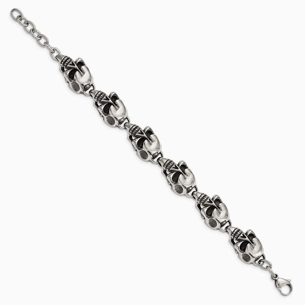 Stainless Steel Antiqued Skulls 8.5in Bracelet