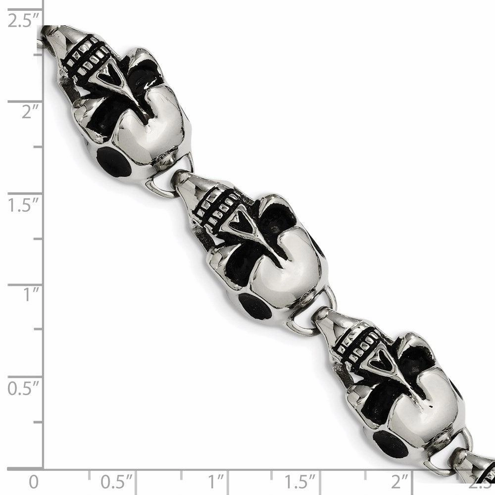Stainless Steel Antiqued Skulls 8.5in Bracelet