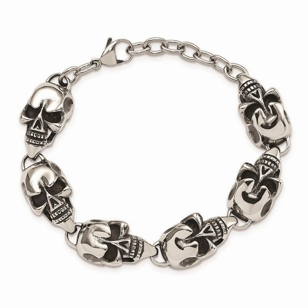 Stainless Steel Antiqued Skulls 8.5in Bracelet