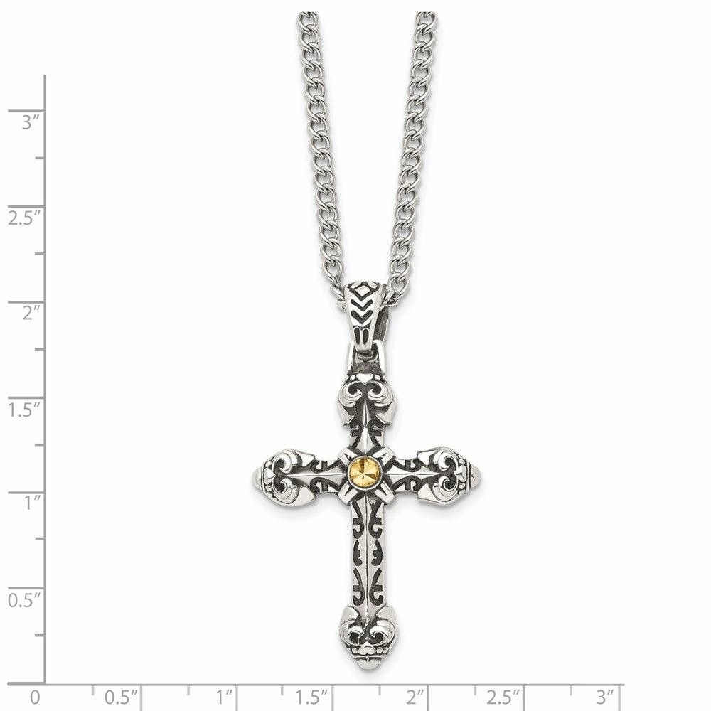 Stainless Steel Antiqued Yellow IP-plated D/C Center Cross Necklace