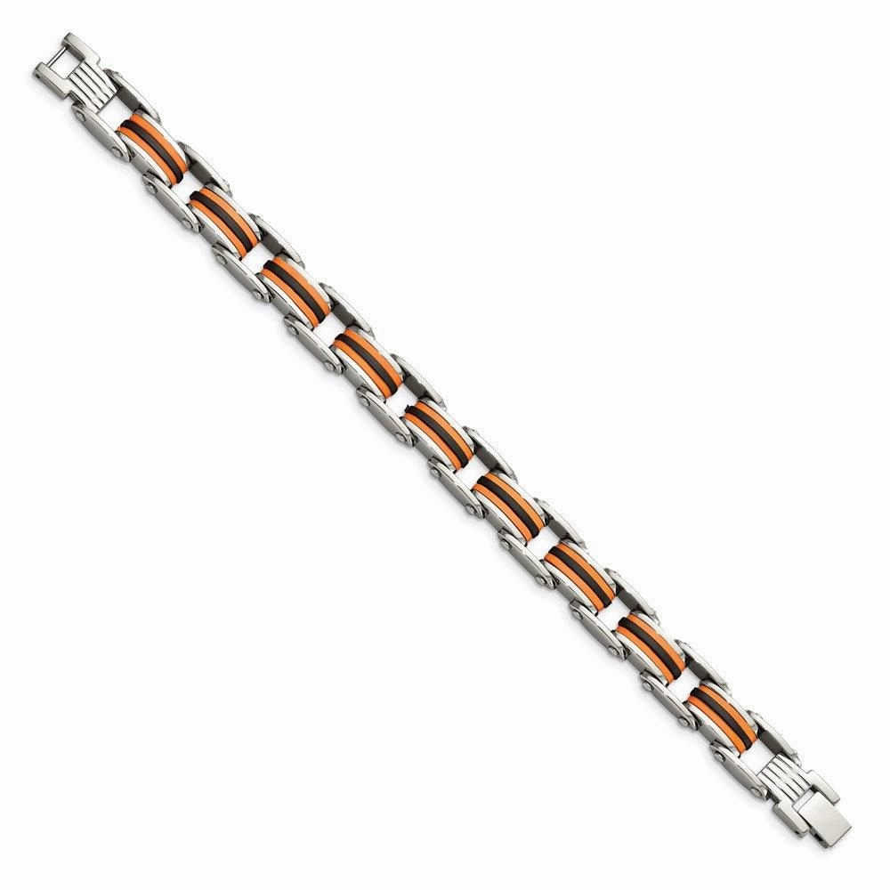 Stainless Steel Black & Orange Polyurethane 8.75in Bracelet