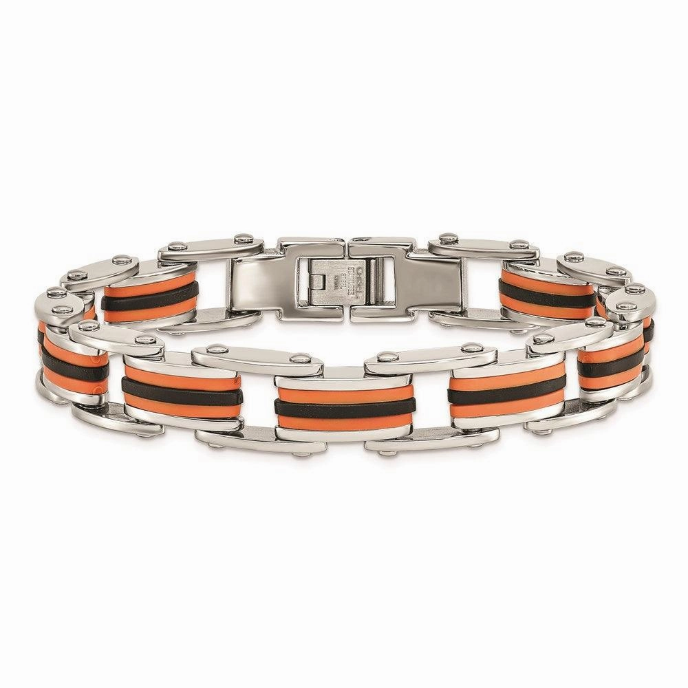 Stainless Steel Black & Orange Polyurethane 8.75in Bracelet