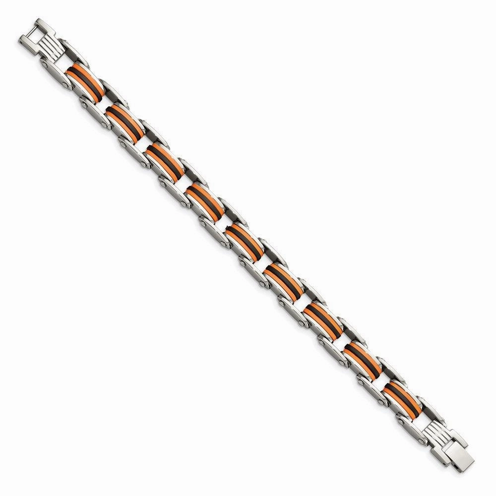 Stainless Steel Black & Orange Polyurethane 8.75in Bracelet