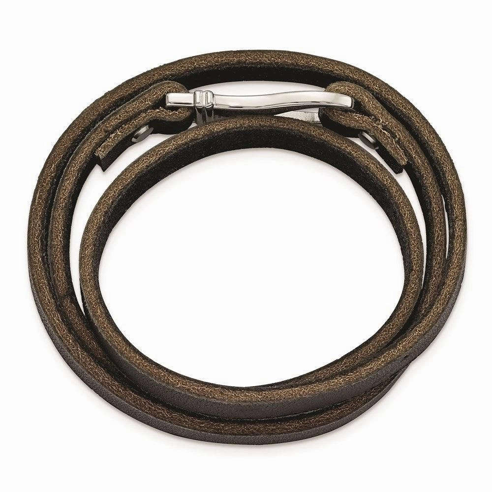 Stainless Steel Black and Brown Leather Wrap Bracelet