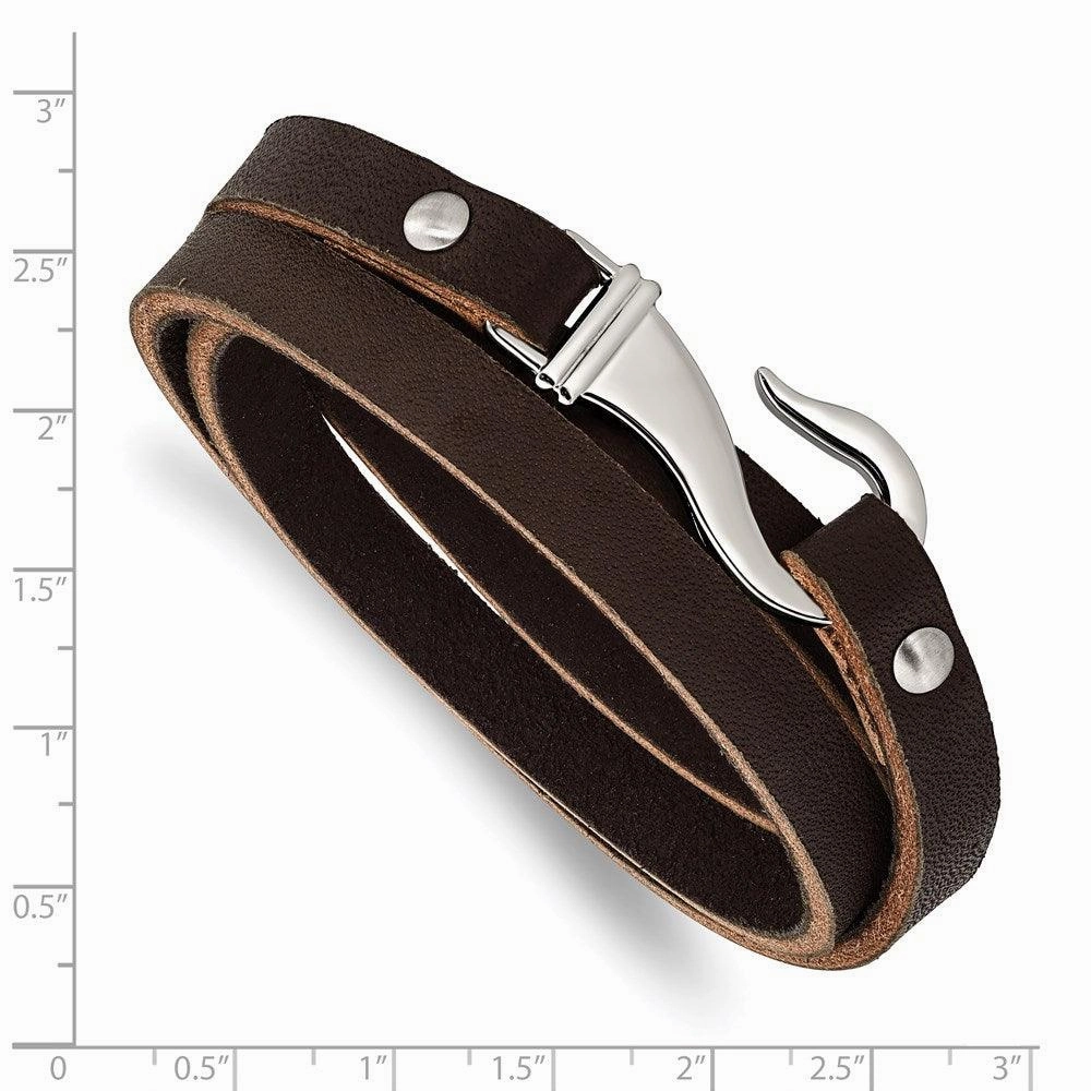 Stainless Steel Black and Brown Leather Wrap Bracelet