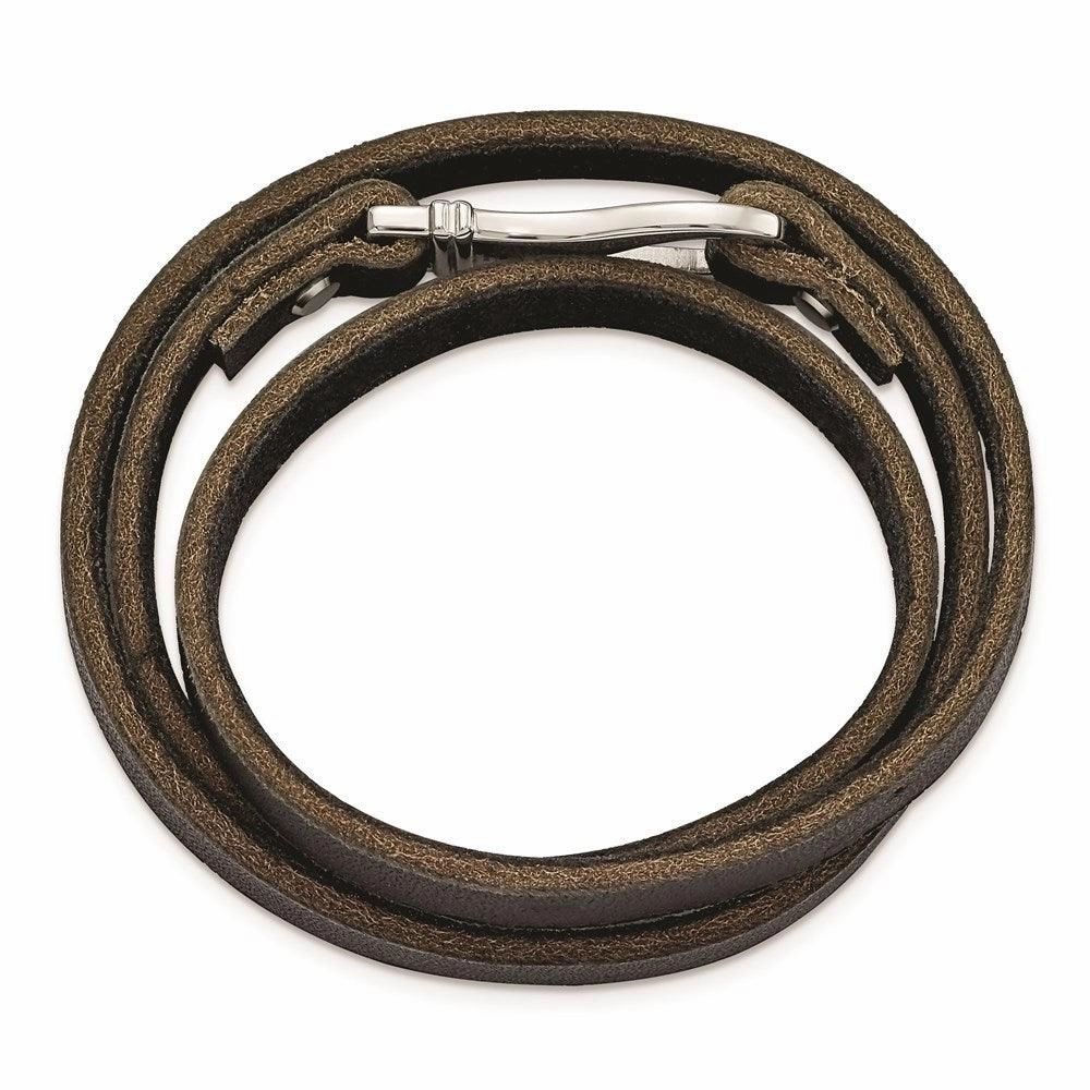 Stainless Steel Black and Brown Leather Wrap Bracelet