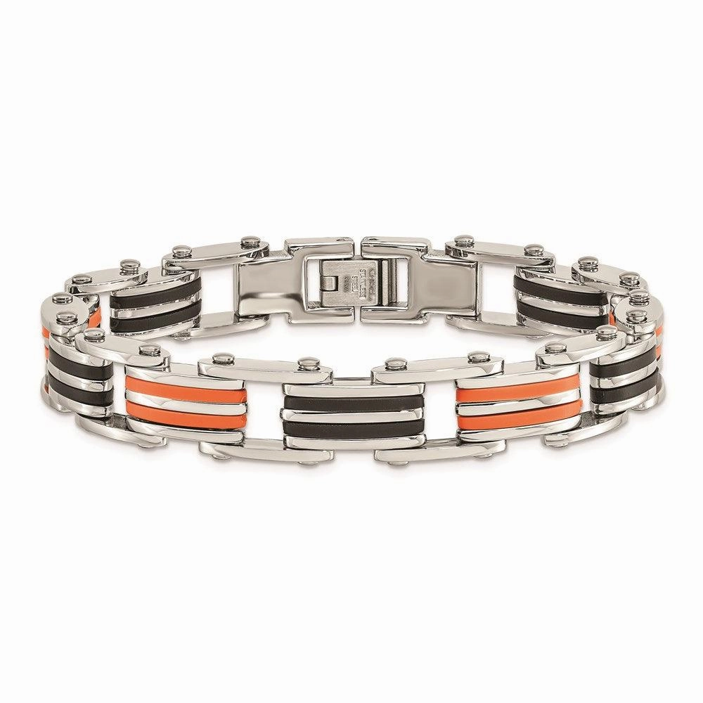 Stainless Steel Black and Orange Rubber 8.5in Bracelet
