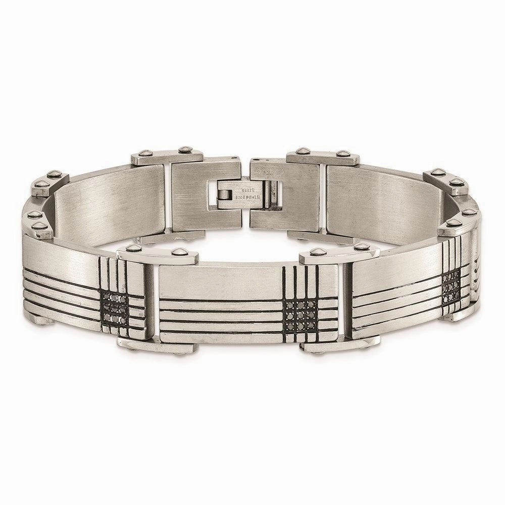 Stainless Steel Black-IP Black Diamonds Brushed & Polished 8.5in Bracelet