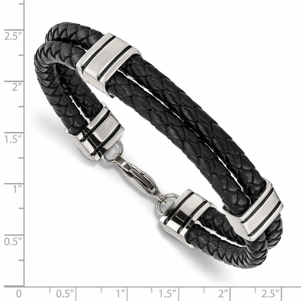 Stainless Steel Black Leather 9in Bracelet