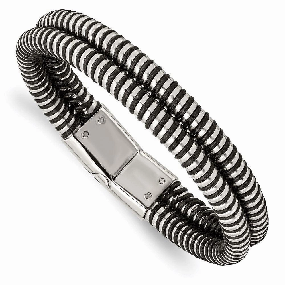 Stainless Steel Black Leather & Polished 8.5in Bracelet