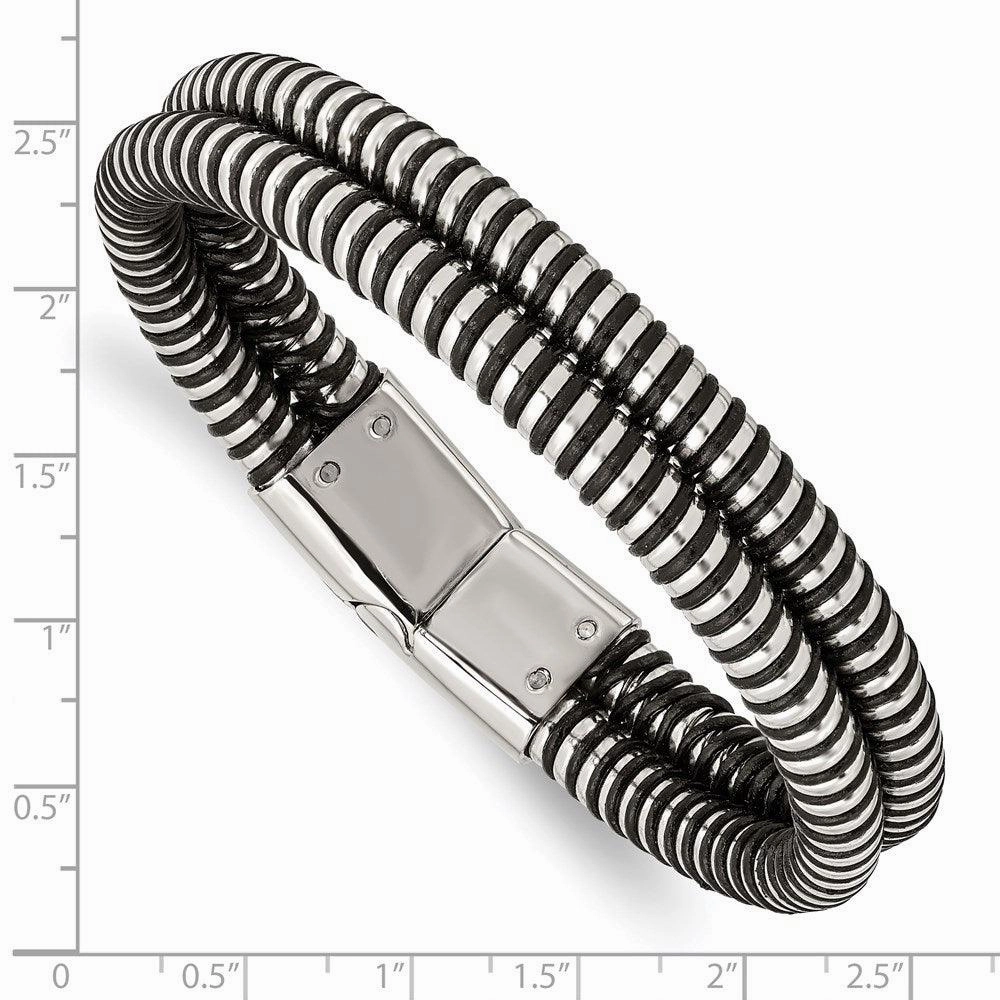 Stainless Steel Black Leather & Polished 8.5in Bracelet