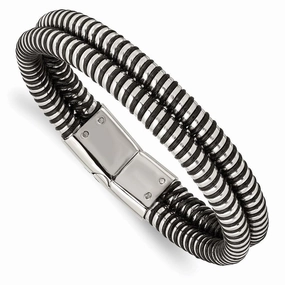 Stainless Steel Black Leather & Polished 8.5in Bracelet