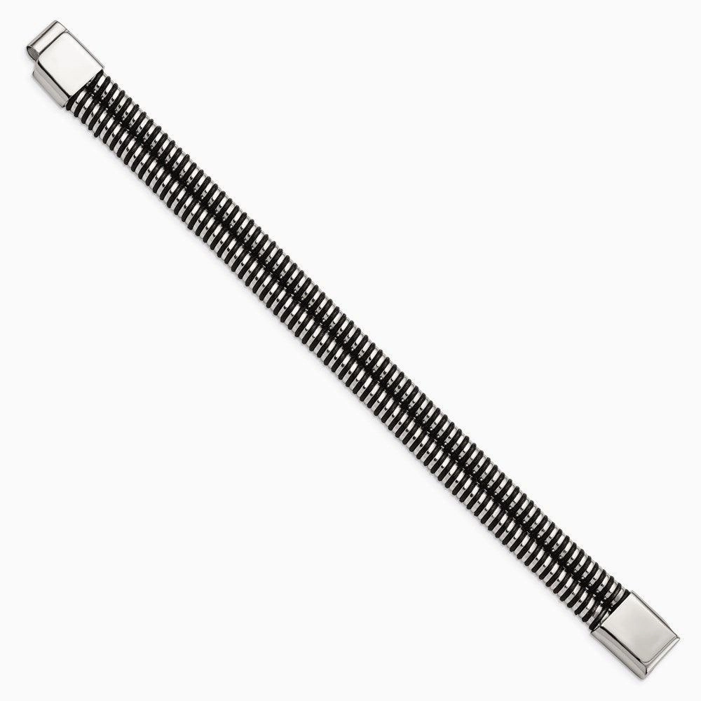Stainless Steel Black Leather & Polished 8.5in Bracelet