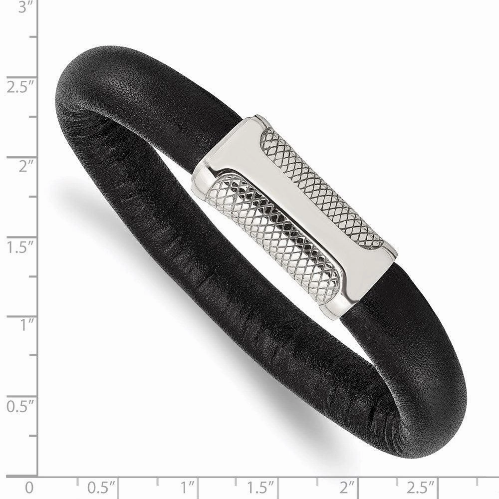Stainless Steel Black Leather & Textured 8.5in Bracelet