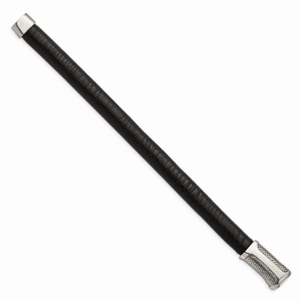 Stainless Steel Black Leather & Textured 8.5in Bracelet
