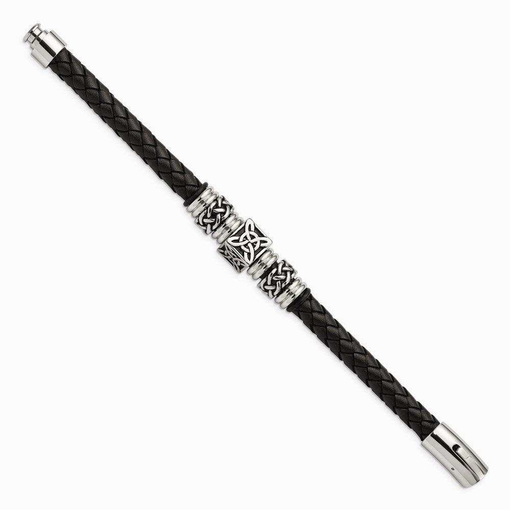 Stainless Steel Black Leather w/ Antiqued Beads 8.5in Bracelet