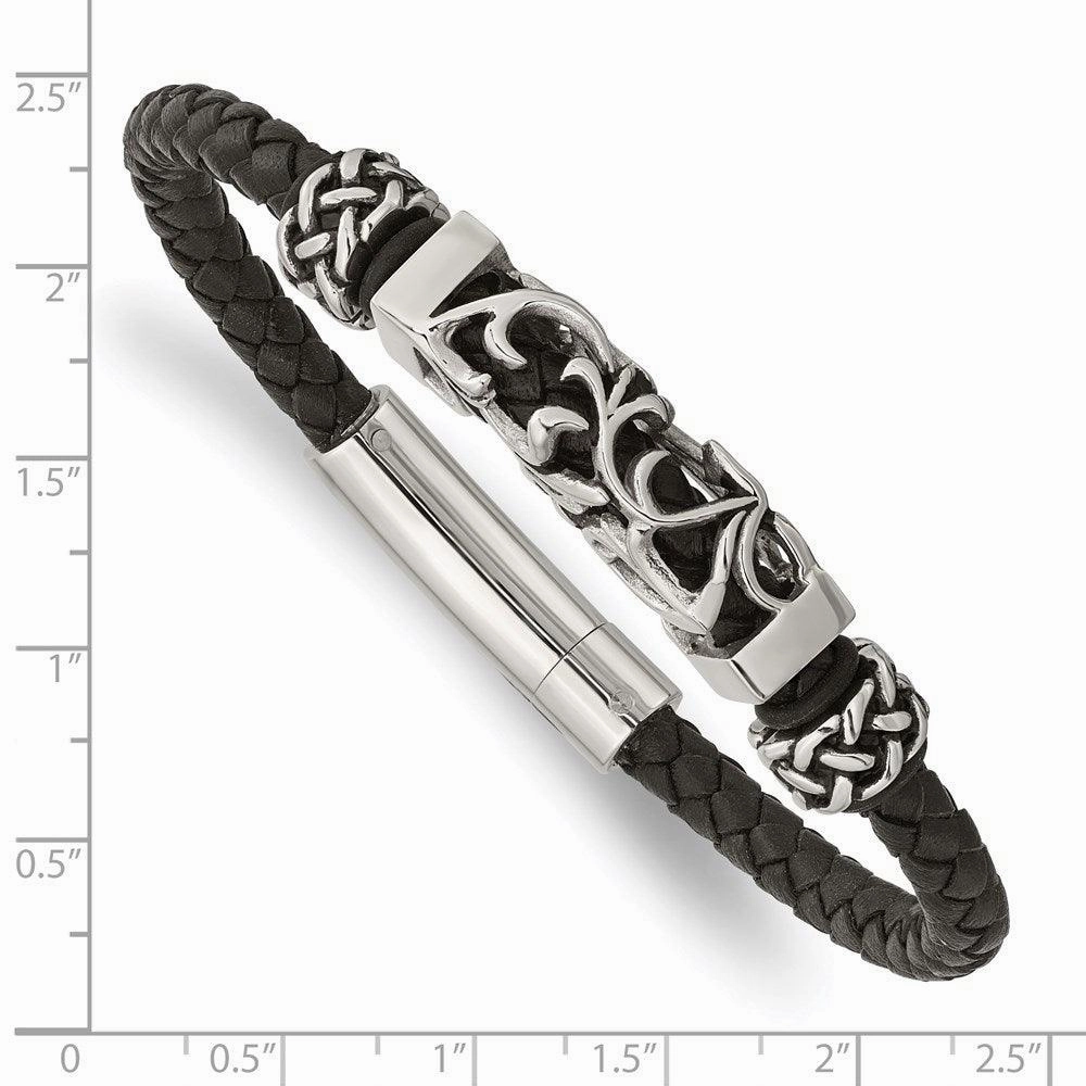 Stainless Steel Black Leather w/Antiqued Beads Bracelet