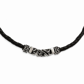 Stainless Steel Black Leather w/Antiqued Beads Necklace