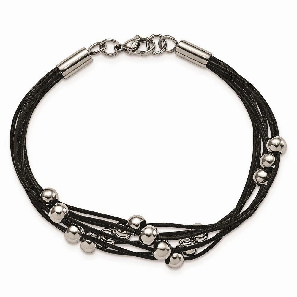 Stainless Steel Black Leather w/Beads 8in Bracelet