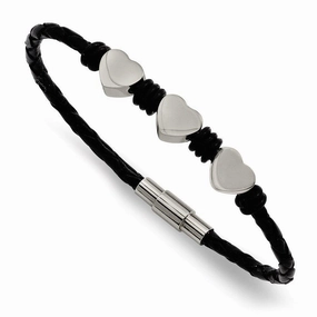 Stainless Steel Black Leather w/Polished Hearts 7.5in Bracelet