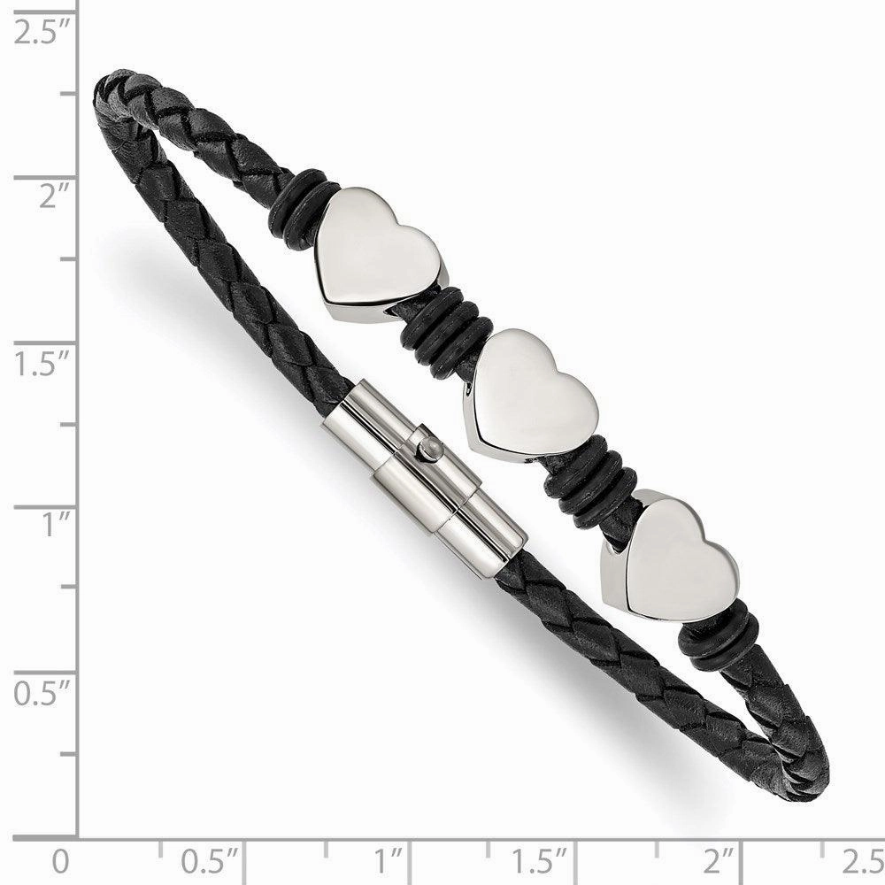Stainless Steel Black Leather w/Polished Hearts 7.5in Bracelet