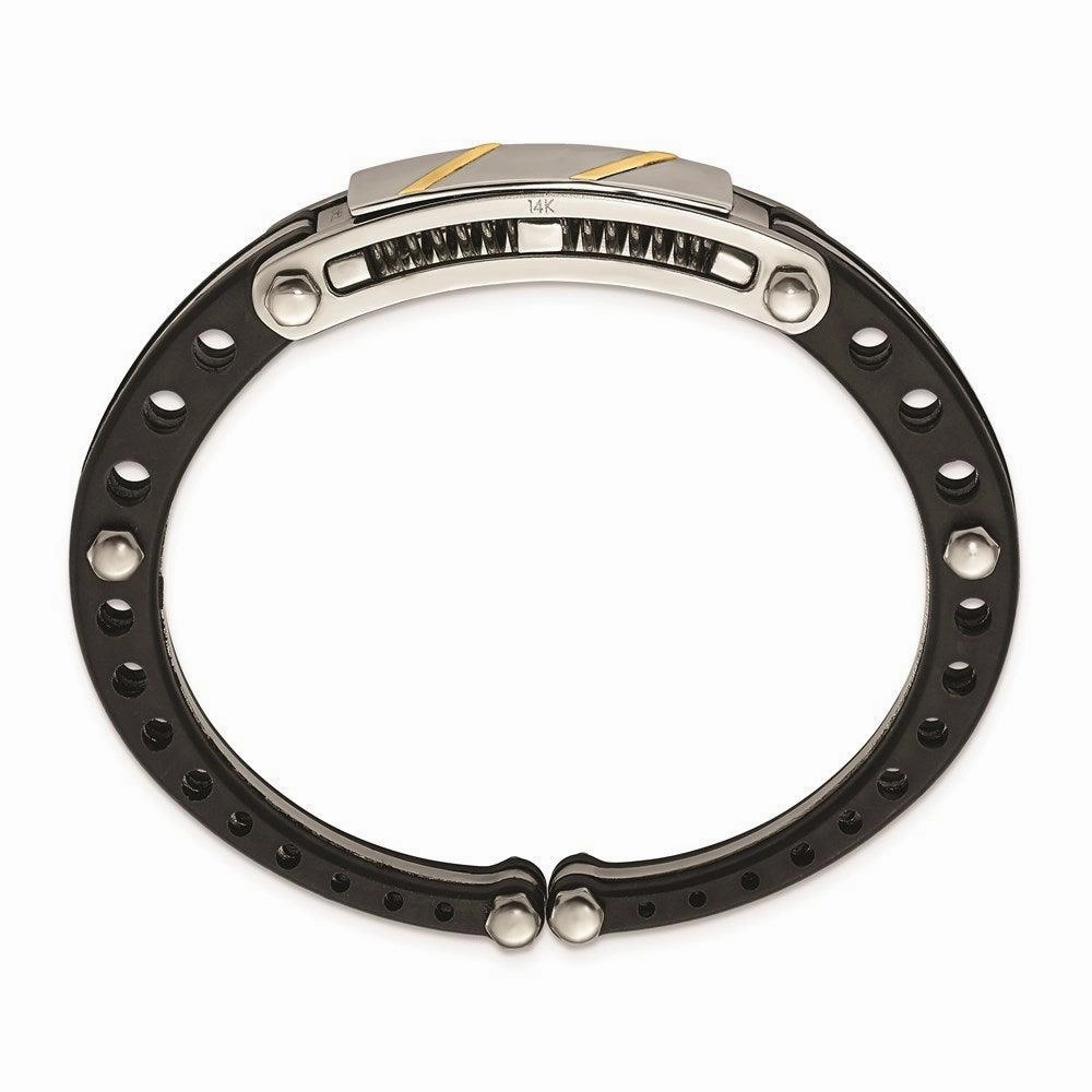 Stainless Steel Black PVC & 14k Yellow Inlay Hinged Bangle